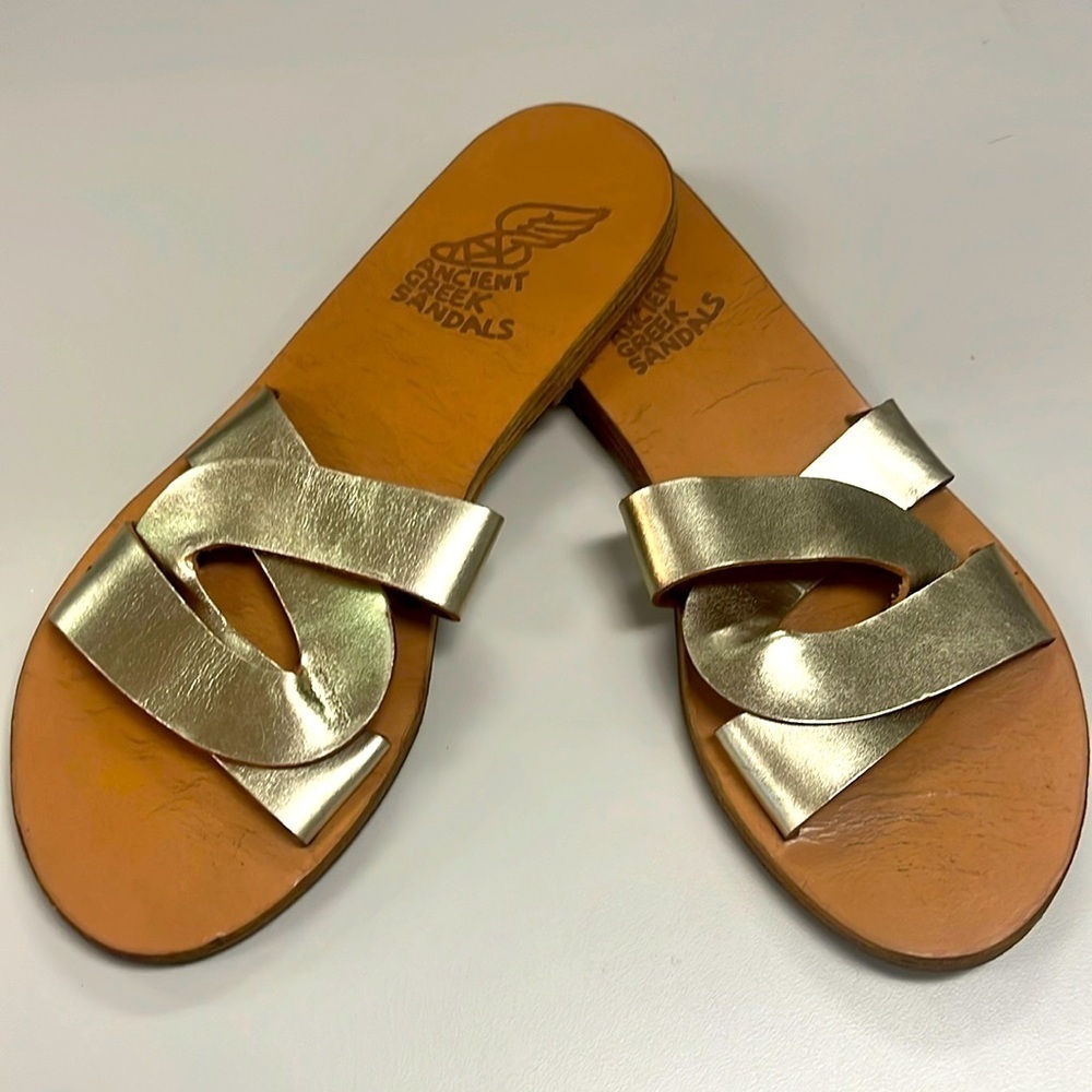 Ancient Greek Sandals tanned leather with gold leather uppers. Size 37